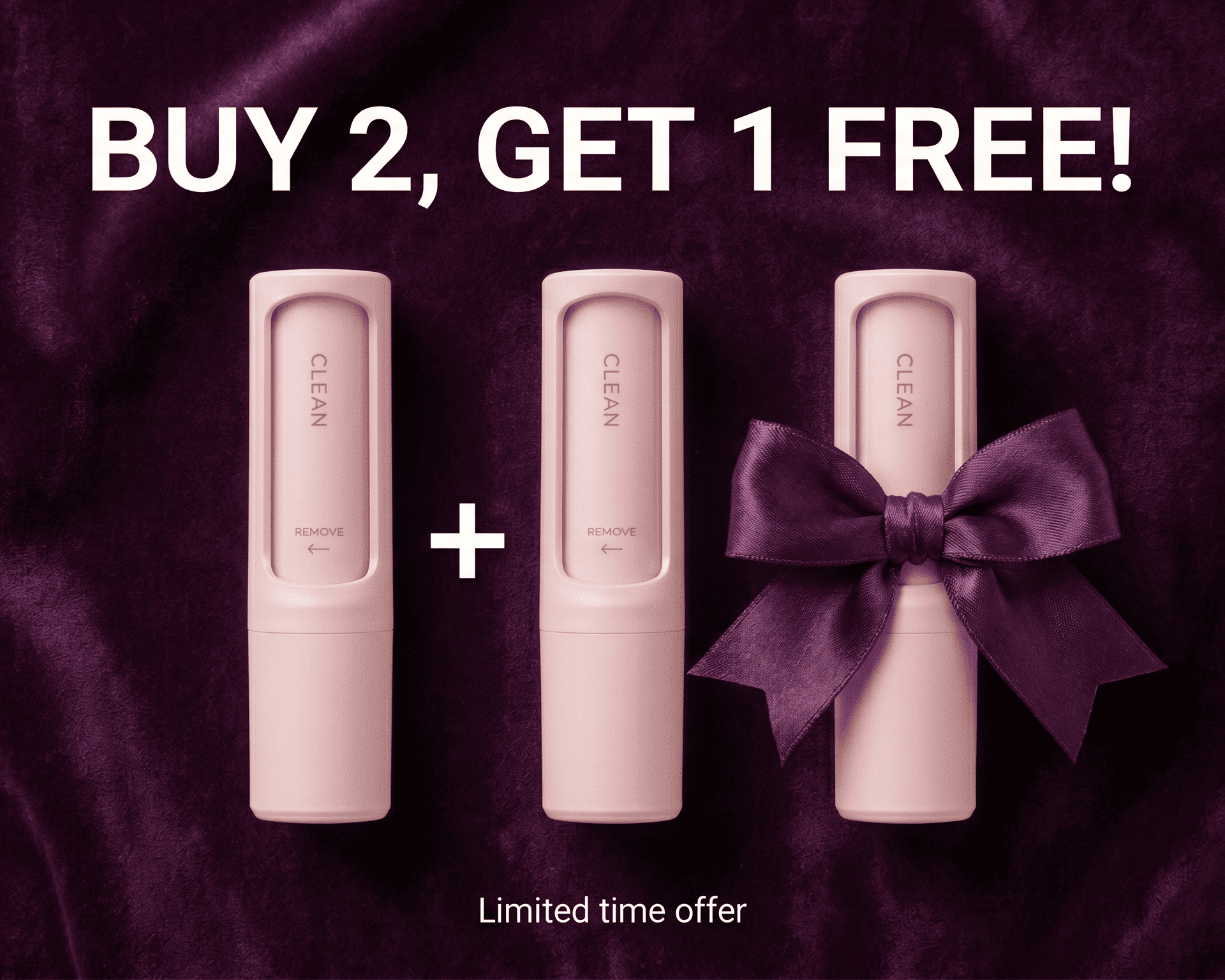 Three skincare products with a bow on a purple background, promoting a buy two get one free offer.