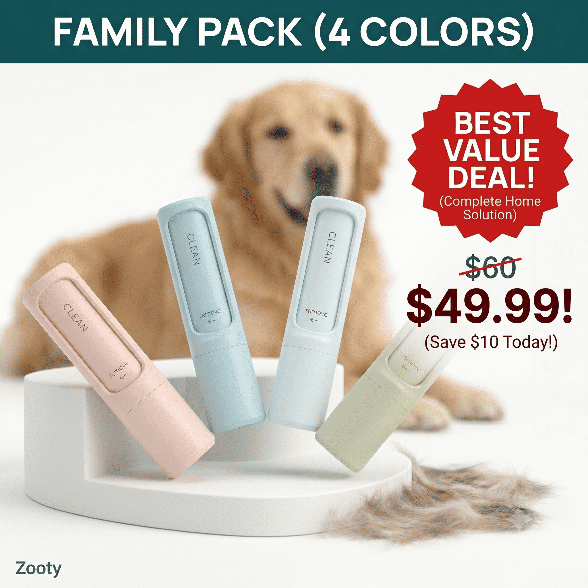 Dog grooming products with a dog in the background and promotional text.