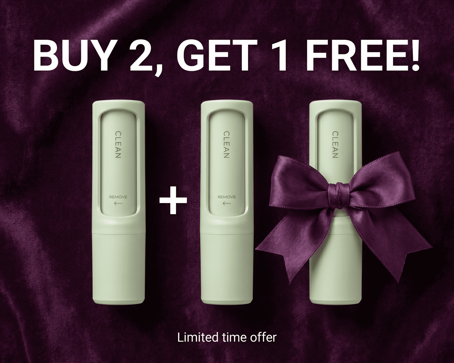 Three skincare products with a purple bow on a purple background, promoting 'Buy 2, Get 1 Free' offer.