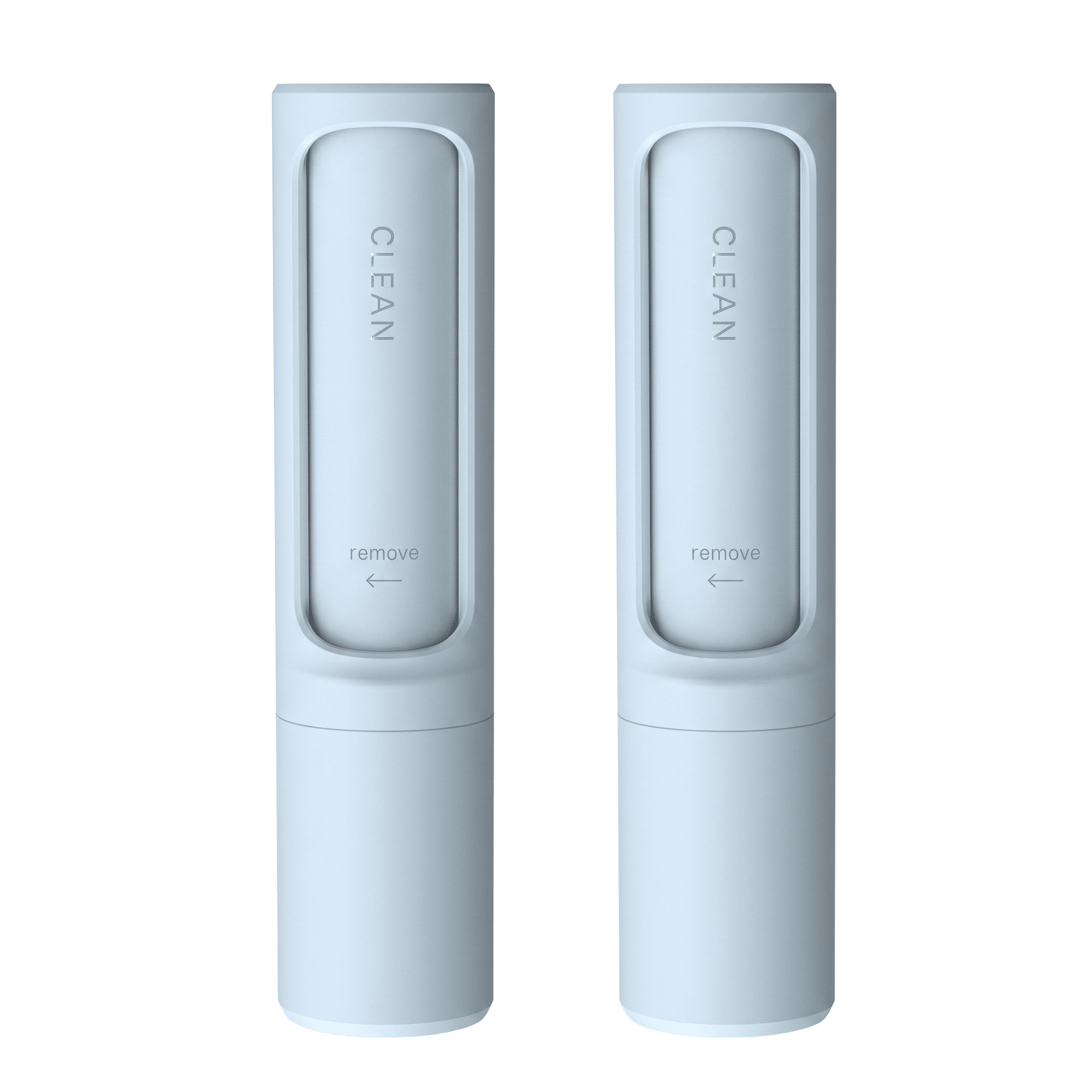 Two light blue cylindrical containers labeled 'CLEAN' on a white background