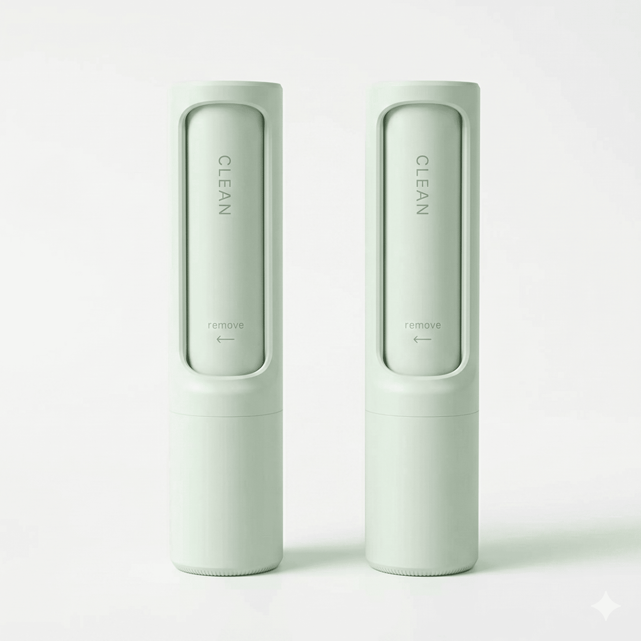 Two light green cylindrical containers with 'CLEAN' and 'remove' text on a white background