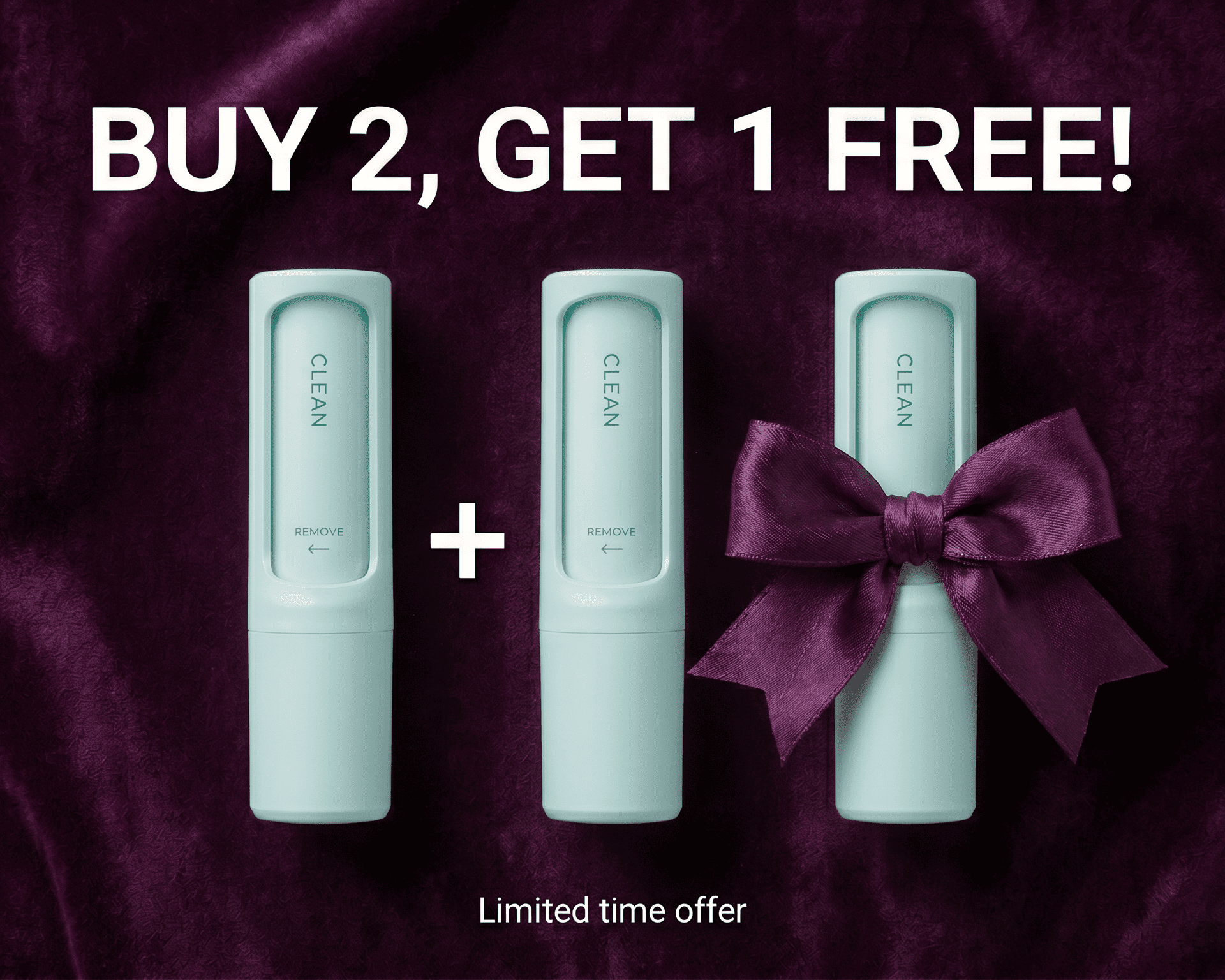 Three skincare products with a purple bow on a dark background, promoting a buy two, get one free offer.