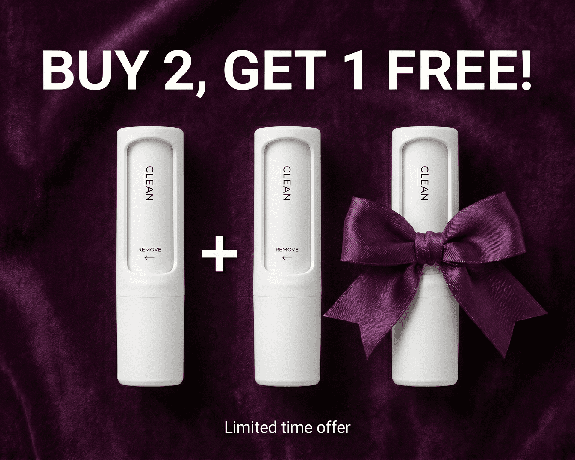 Three white skincare products with 'CLEAN' branding on a purple background, one tied with a bow, with promotional text 'BUY 2, GET 1 FREE!'.